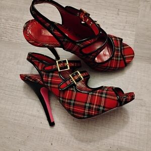 Betsey Johnson Red Plaid Heels with Gold Buckles
